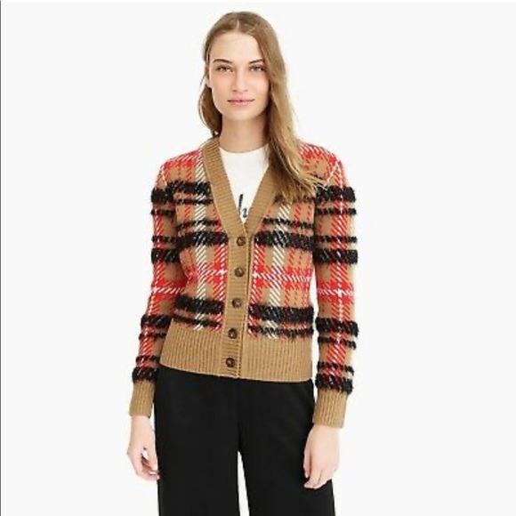 J. Crew Sweaters - J Crew Merino Wool Blend Plaid Holiday Cropped Cardigan In Metallic Knit Size M